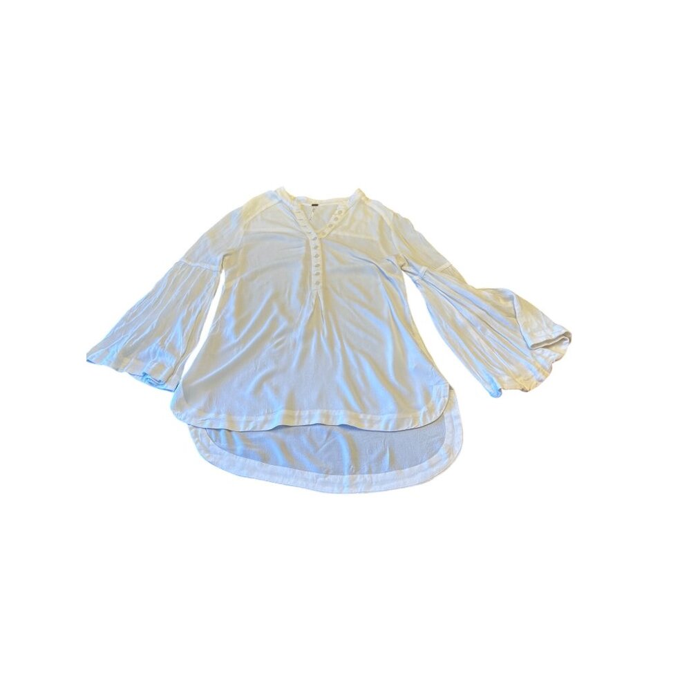 Free People White Rayon Button-Down Henley Blouse With Balloon‎ Sleeves Boho